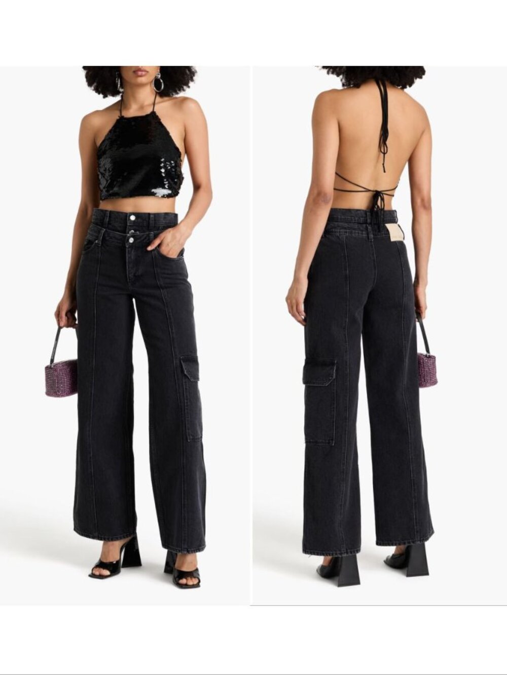 STINE GOYA Paul JEANS Size 31 Wide Leg Black Cargo Pocket Double Waist Loose Fit